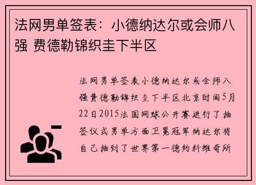 法网男单签表：小德纳达尔或会师八强 费德勒锦织圭下半区