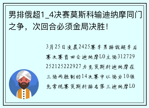 男排俄超1_4决赛莫斯科输迪纳摩同门之争，次回合必须金局决胜！