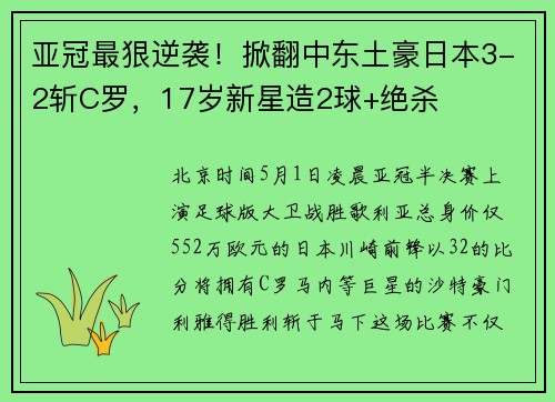 亚冠最狠逆袭！掀翻中东土豪日本3-2斩C罗，17岁新星造2球+绝杀